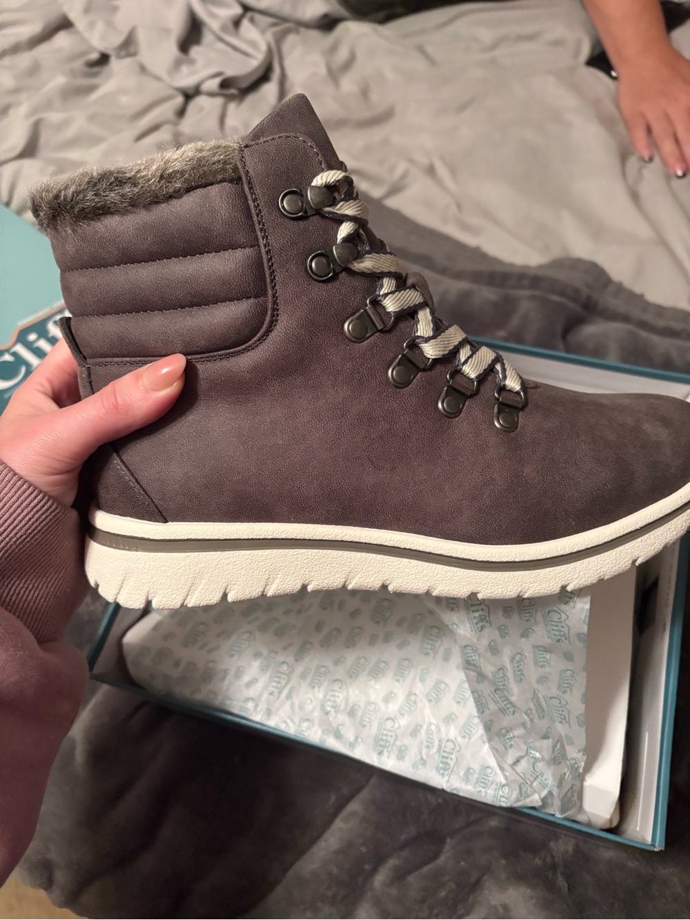 Cliffs by WHITE MOUNTAIN Gray Faux-Fur Lace-Up Winter Boot style hallet